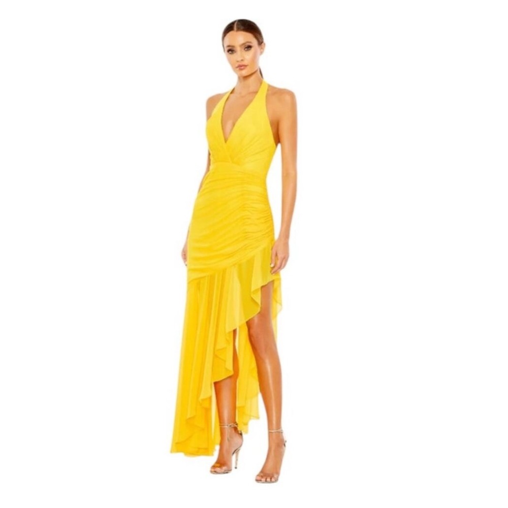 NWT Ieena Mac Duggal 55847 Asymmetrical Ruffle Hem Halter Strap Dress Sz 14 $298